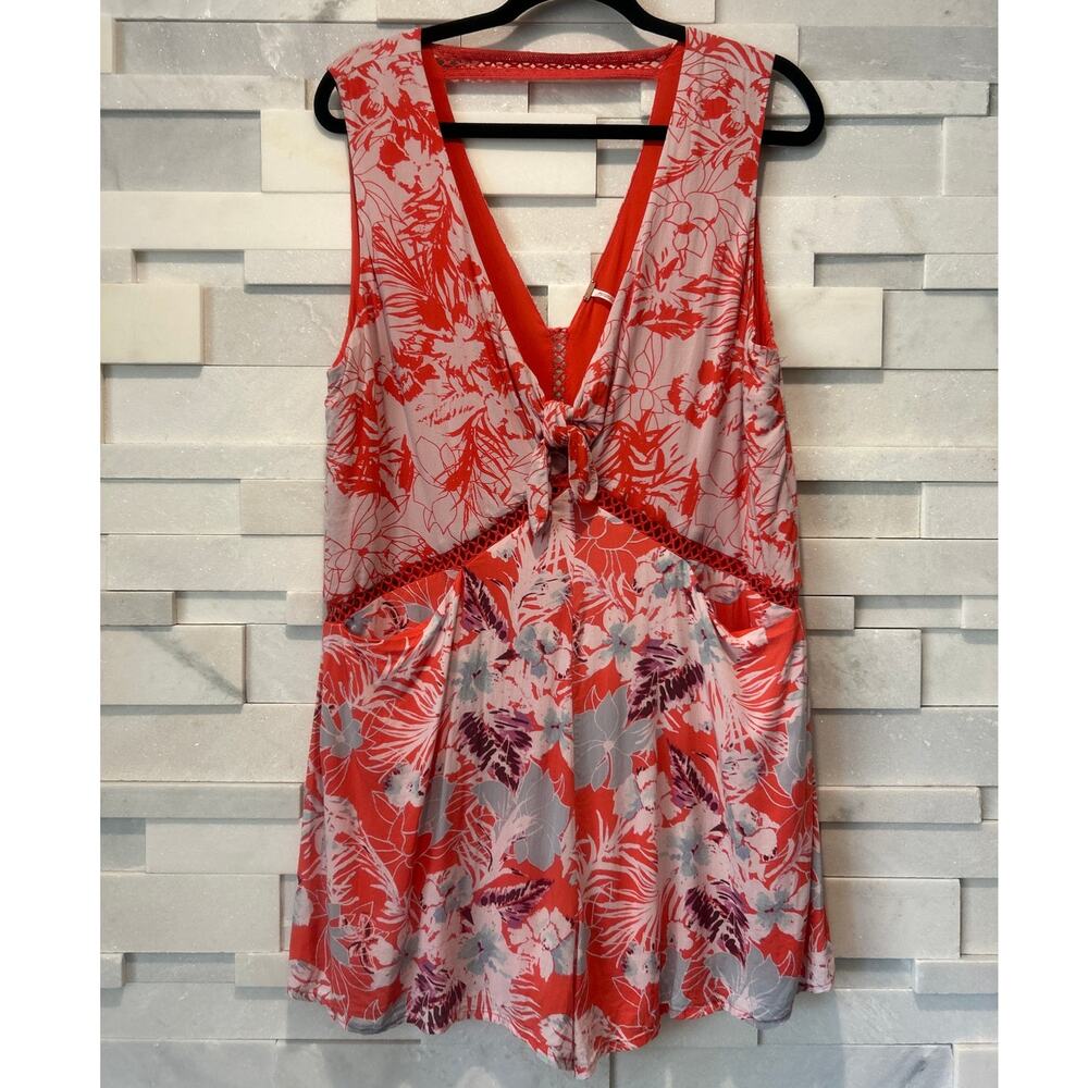 FREE PEOPLE Voile Santiago Tie Front Orange/Multi Floral Print Tank Romper M - Picture 2 of 6